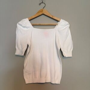 LOFT Petites White Square Neck Puff Sleeve Knit Sweater Top XSP